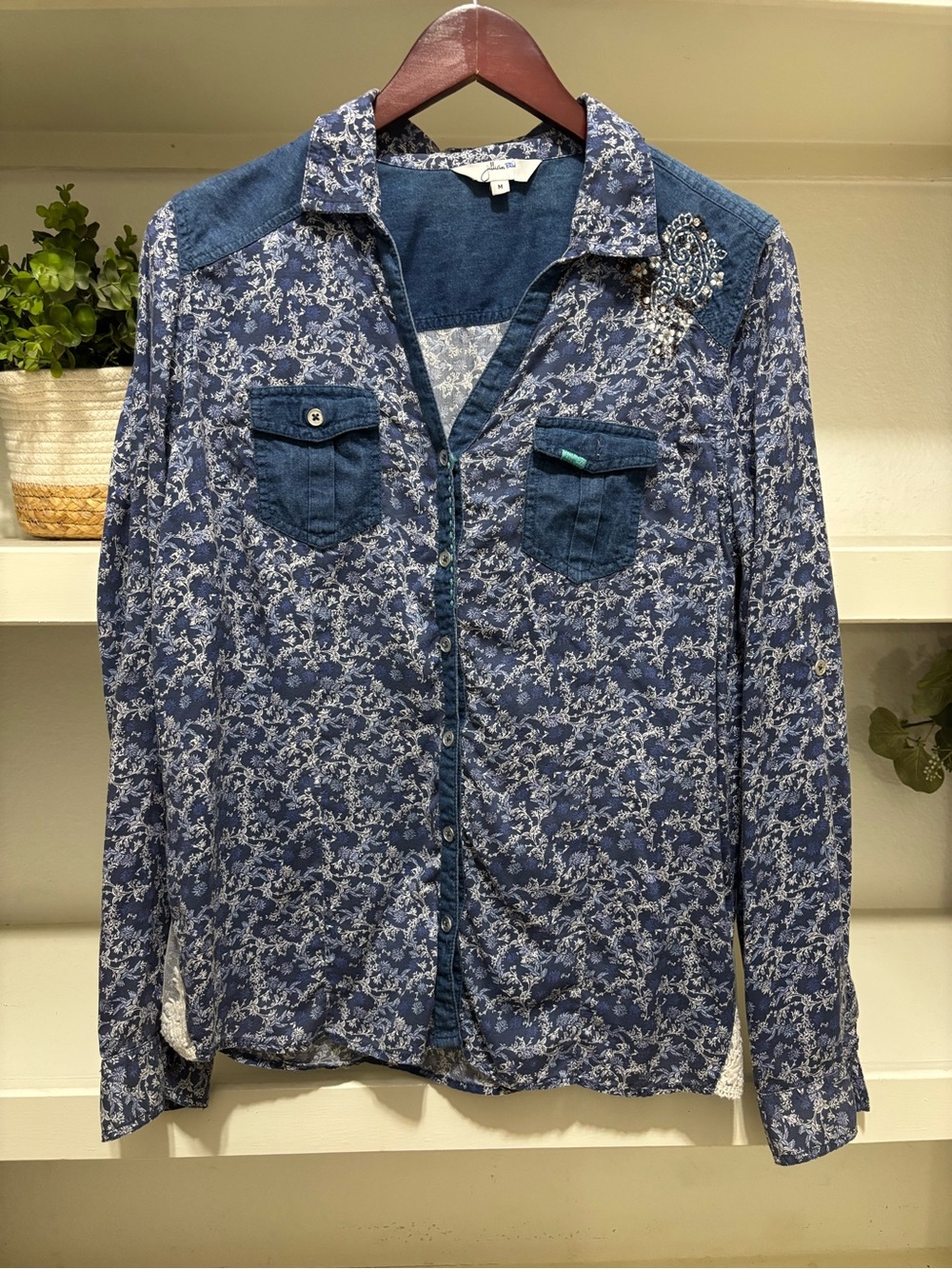 Women's Blue Floral Button-Down Shirt with Denim Accents